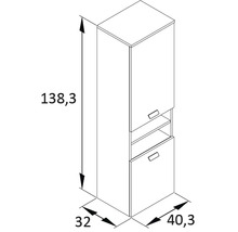 Dessin technique d''une armoire haute de salle de bain avec des dimensions de 138,3 x 32 x 40,3 centimètres.