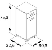 Dessin technique d''un meuble bas avec tiroirs et dimensions de 75,3 x 32,6 x 30,3 cm.