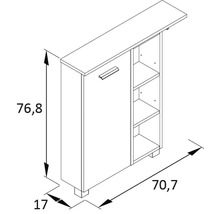 Dessin technique d''une armoire mesurant 76,8 x 70,7 x 17 cm
