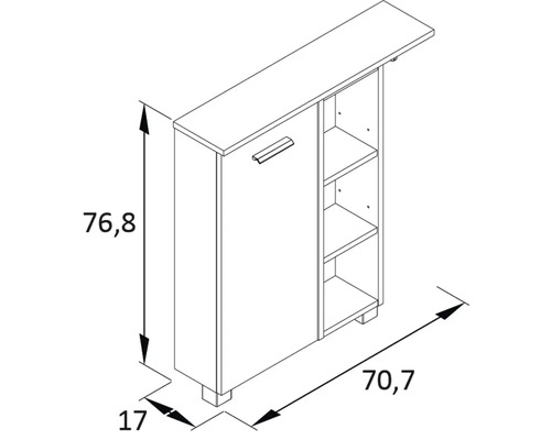 Dessin technique d''une armoire mesurant 76,8 x 70,7 x 17 cm