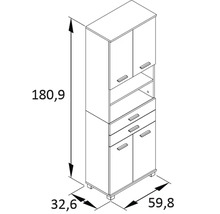 Schéma technique d''une armoire haute avec tiroirs et étagères, dimensions 180,9 x 59,8 x 32,6 cm