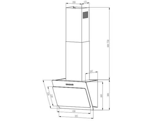 Technische Zeichnung einer Dunstabzugshaube mit Maßangaben