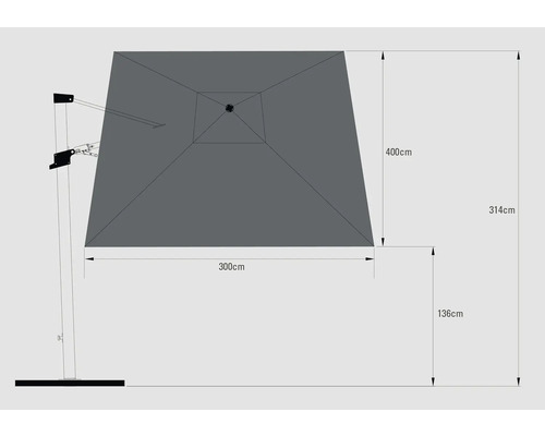 Masse eines Sonnenschirms: 400 cm x 300 cm Schirmfläche, 314 cm Höhe, 136 cm Höhe des Fusses.