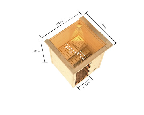 Draufsicht einer Sauna mit Maßangaben: 173 cm x 159 cm (oben), 191 cm (Höhe), 65,5 cm (Türbreite), Sitzbank 57 cm x 27 cm.