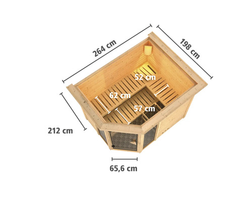 Draufsicht Ecksauna mit den Massen 264 cm mal 198 cm mal 212 cm und einer Tür von 65,6 cm Breite.