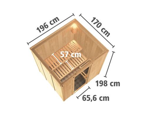 Sauna mit den Maßen 196 cm x 170 cm x 198 cm aus Holz