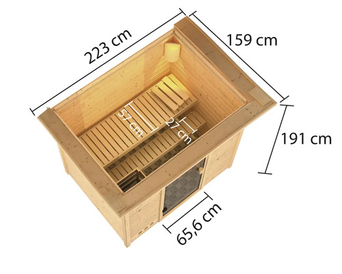 Abmessungen einer Holzsauna: 223 cm Länge, 159 cm Breite, 191 cm Höhe, Türbreite 65,6 cm, Sitzbanktiefen 57 cm und 27 cm