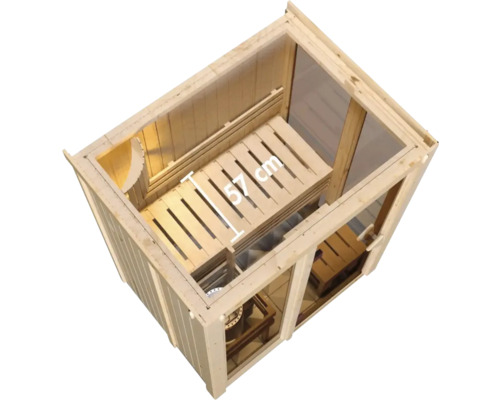 Vue intérieure d''un sauna en bois avec des bancs et un marquage de profondeur de 57 centimètres
