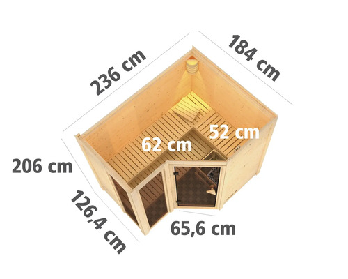 Vue de dessus du sauna d''angle avec dimensions