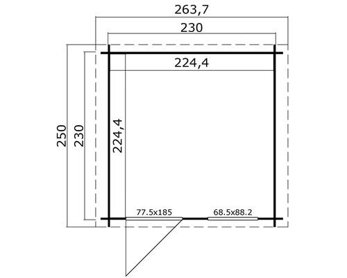 Dessin technique d''une cabane de jardin avec dimensions