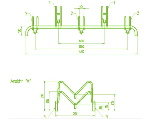 Technische Zeichnung eines Fahrradständers mit Maßangaben.