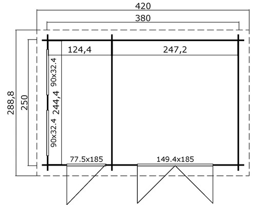 Dessin technique d''une cabane de jardin avec dimensions.