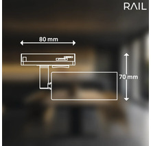 Schéma technique du système RAIL avec dimensions de 80 mm et 70 mm.
