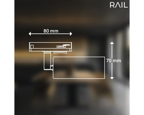 Schéma technique du système RAIL avec dimensions de 80 mm et 70 mm.