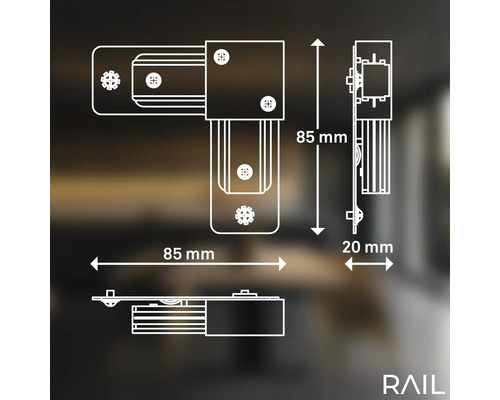 Technische Zeichnung eines Eckverbinders mit Maßangaben 85 Millimeter und 20 Millimeter
