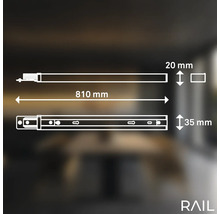 Zeichnung einer Schubladenschiene mit den Maßen 810 mm Länge, 20 mm Höhe und 35 mm Breite