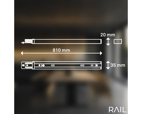 Zeichnung einer Schubladenschiene mit den Maßen 810 mm Länge, 20 mm Höhe und 35 mm Breite