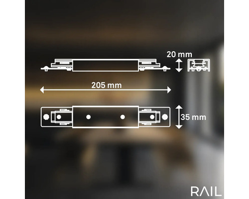 Technische Zeichnung der Railschiene mit den Maßen 205 mm Länge, 20 mm Höhe und 35 mm Breite.