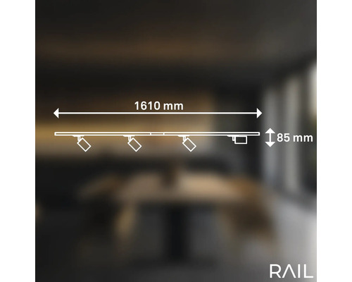 Technische Zeichnung einer Schienenleuchte mit den Maßen 1610 Millimeter Länge und 85 Millimeter Höhe.