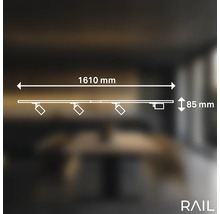 Technische Zeichnung einer Schienenleuchte mit den Maßen 1610 Millimeter Breite und 85 Millimeter Höhe.