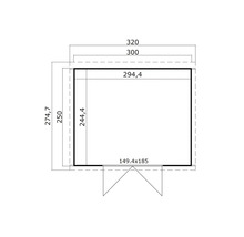 Schéma technique d''une cabane de jardin avec dimensions.