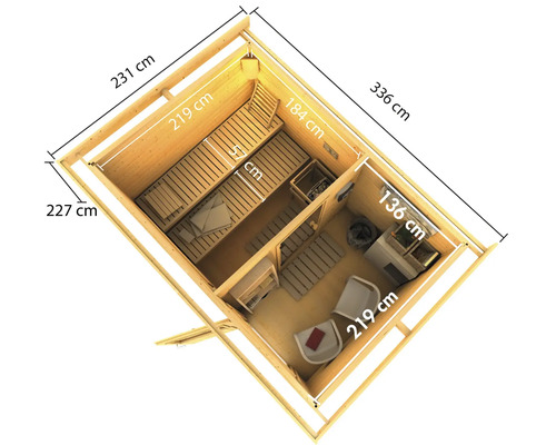 Vue de dessus d''un sauna avec des dimensions en centimètres