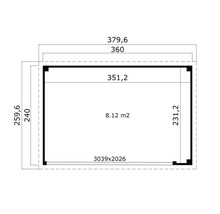 Dessin technique d'un abri de jardin rectangulaire avec dimensions.