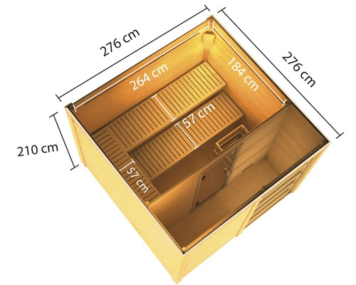 Illustration d''un sauna avec des indications de taille en centimètres.