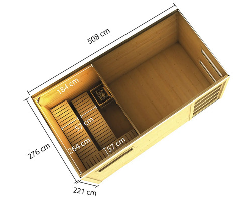 Innenansicht einer Sauna mit Bänken und Ofen, Maße sind angegeben