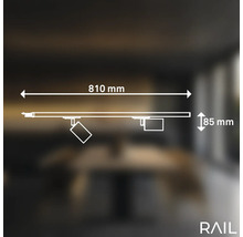 Technische Zeichnung einer Schienenleuchte mit den Maßen 810 mm Breite und 85 mm Höhe.