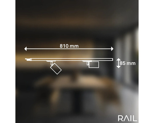 Technische Zeichnung einer Schienenleuchte mit den Maßen 810 mm Breite und 85 mm Höhe.