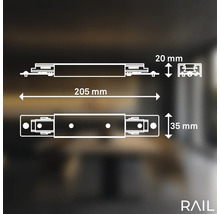 Technische Zeichnung mit Maßangaben für eine Schiene: 205 mm Länge, 20 mm Höhe, 35 mm Breite.