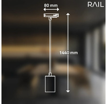 Technische Zeichnung einer RAIL Pendelleuchte mit den Maßen 80 mm Breite und 1440 mm Höhe.