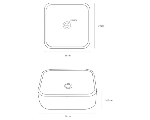 Zeichnung einer Aufsatzwaschschale mit den Maßen 39 mal 39 Zentimeter und einer Höhe von 14,5 Zentimetern