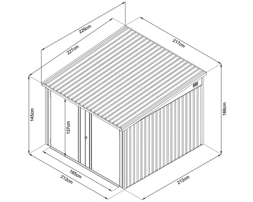 Représentation des dimensions d''une remise à outils avec les dimensions en centimètres