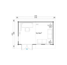 Plan d''un abri de jardin avec mobilier et végétation et indication des dimensions.