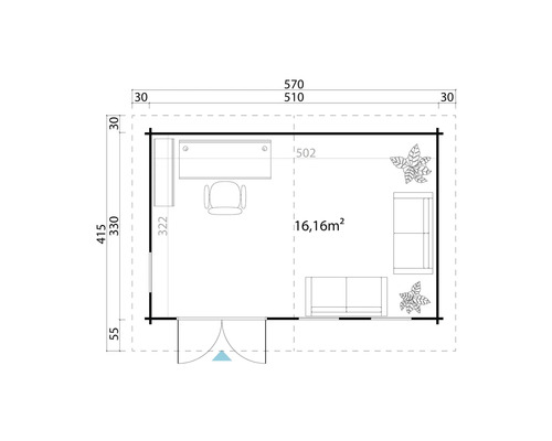 Plan d''un abri de jardin avec mobilier et végétation et indication des dimensions.