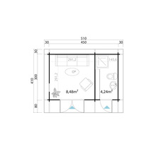 Plan au sol avec dimensions d''un abri de jardin avec salon et sanitaires