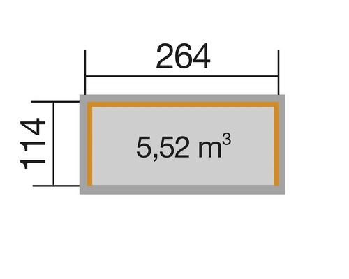 Diagramm mit Abmessungen: 264, 114 und 5,52 Kubikmeter