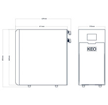 Dimensionszeichnung eines KEO Kühlaggregats mit den Maßen 439 mm x 455 mm x 210 mm.