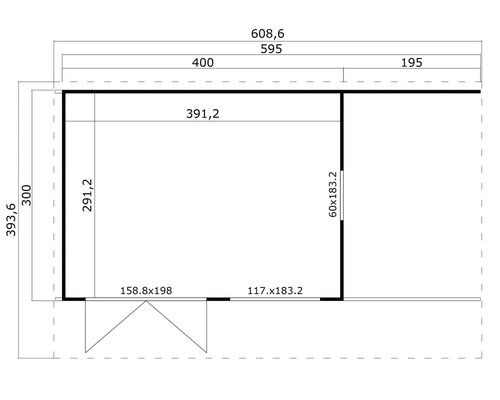 Dessin technique d'un abri de jardin avec dimensions