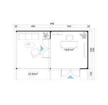 Plan d'un abri de jardin avec indication des surfaces et des dimensions