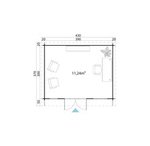Plan d''un abri de jardin avec meubles et d''une surface de 11,24 mètres carrés.