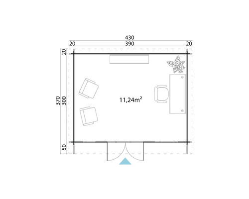 Plan d''un abri de jardin avec meubles et d''une surface de 11,24 mètres carrés.