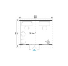 Plan d''un abri de jardin avec mobilier de bureau et dimensions de 540 sur 460 centimètres
