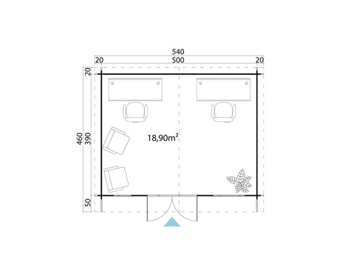 Plan d''un abri de jardin avec mobilier de bureau et dimensions de 540 sur 460 centimètres