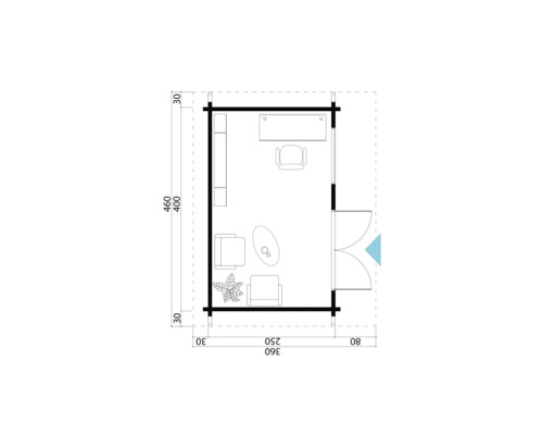 Plan d''un abri de jardin avec ameublement de bureau et indications de dimensions.