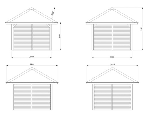 Dessin technique d''un pavillon avec vue latérale et vue de face, dimensions en millimètres