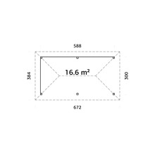 Plan avec les dimensions 384 x 588, 300 x 672 et une superficie de 16,6 mètres carrés