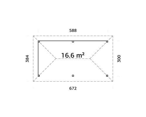 Plan avec les dimensions 384 x 588, 300 x 672 et une superficie de 16,6 mètres carrés